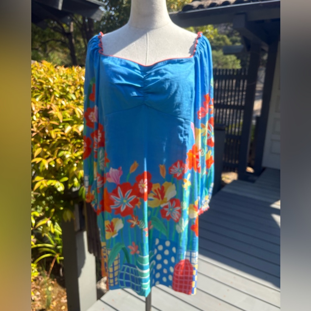 Farm Rio for Anthropologie Blue Linen Blend Printed Mini Dress
